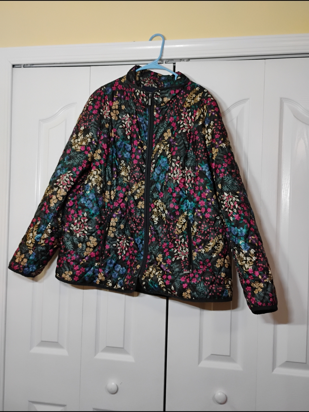 Lands' End Black Floral Quilted Puffer Jacket